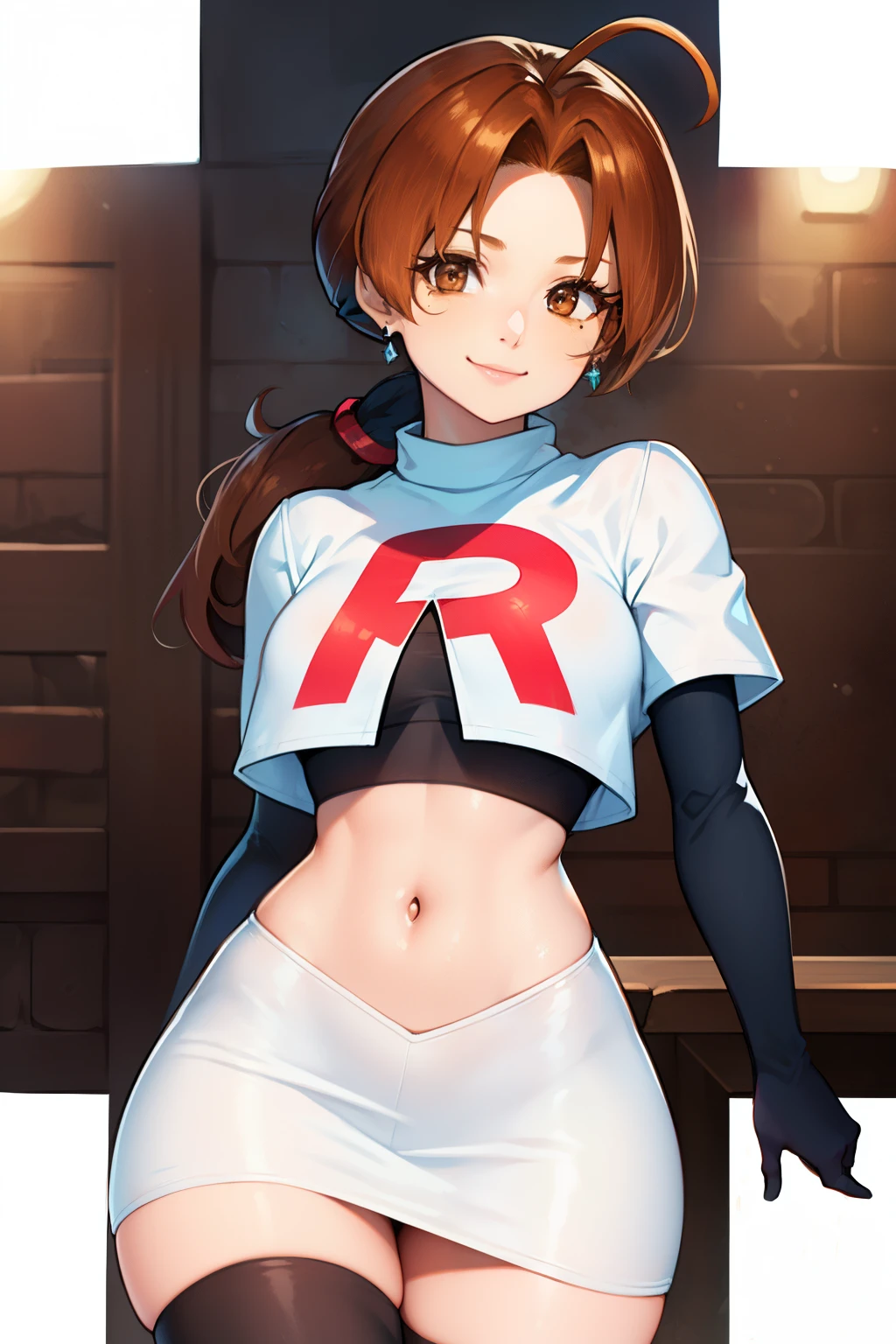 deliaketchum, brown hair, (brown eyes:1.7), parted bangs, (ahoge:1.5), ponytail, low ponytail,glossy lips, light makeup, eye shadow, earrings ,team rocket,team rocket uniform, red letter R, white skirt,white crop top,black thigh-high boots, black elbow gloves, evil smile look,