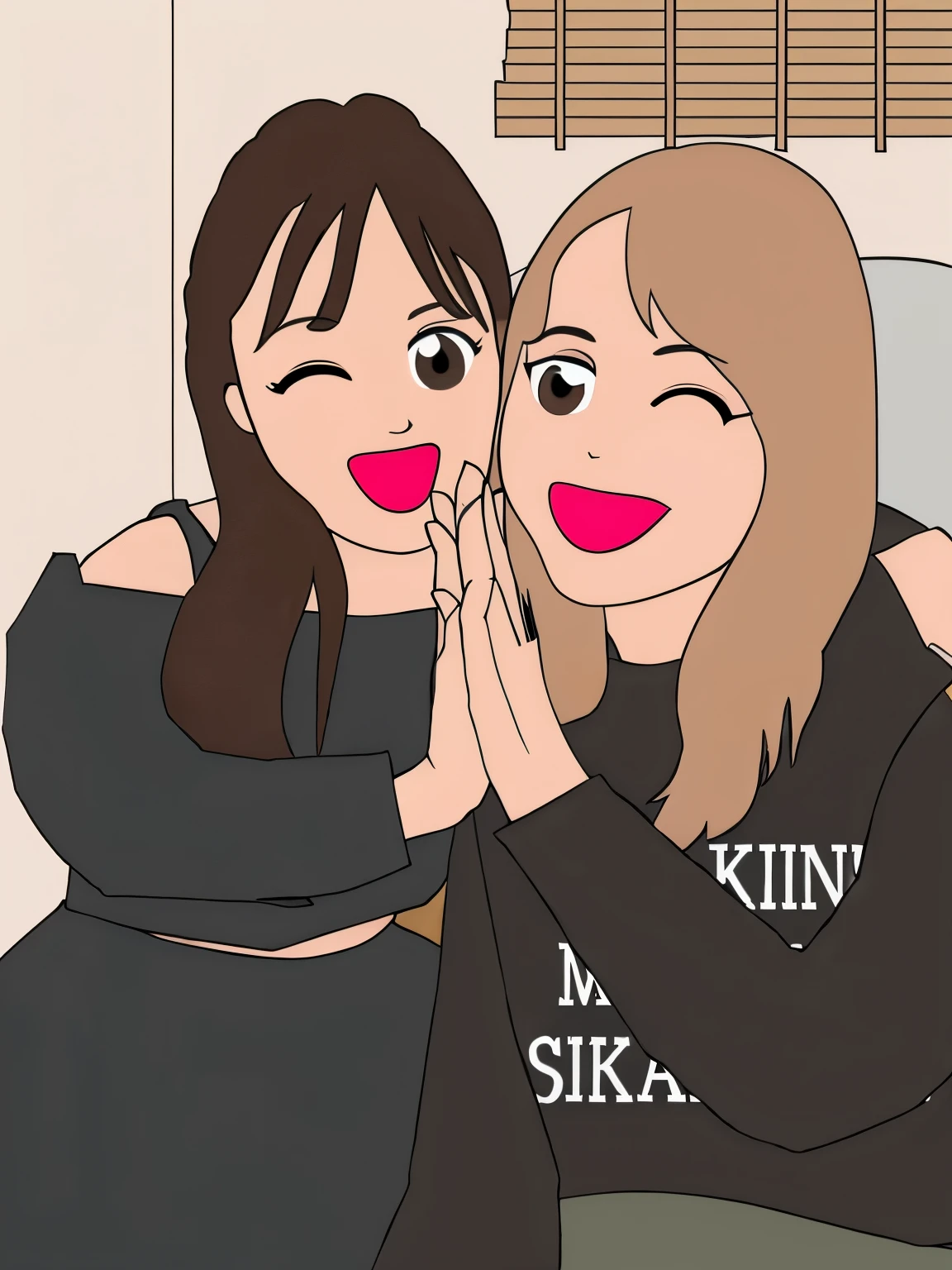 Two brown-haired women in black clothes holding hands in a room