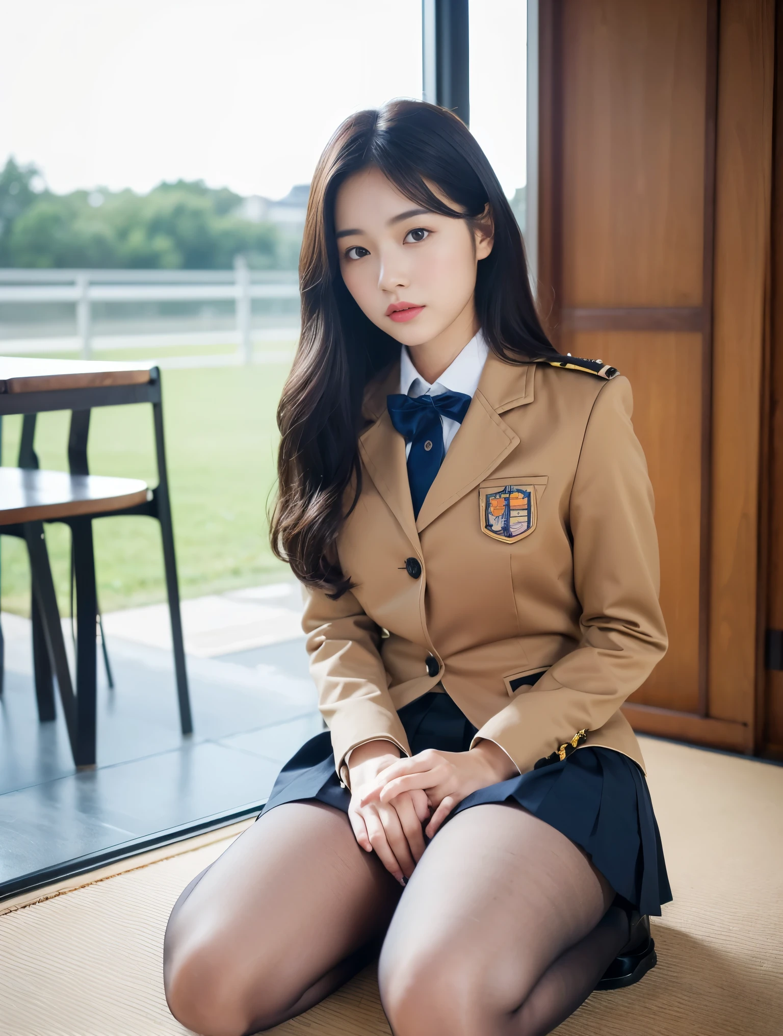 Ulzzang-6500-v1.1, (RAW photos:1.2), (realistic:1.4), Beautiful detailed girl, very detailed eyes and face, beautiful and delicate eyes, does not make sense, incredibly does not make sense, huge file size, very detailed, high resolution, very detailed, best quality, masterpiece, Kemomimi, ((Japanese girls&#39; high school uniform)), illustration, very detailed, CG, unified, 8k wallpapers, amazing, fine details, masterpiece, best quality, very detailed CG uniform 8k wallpapers, my face shines, cinematic lighting, 1 woman, , ((No panties)), ((dynamic pose))), (camel toe), (half), (pantyhose), (Sitting with legs bent at the knees))