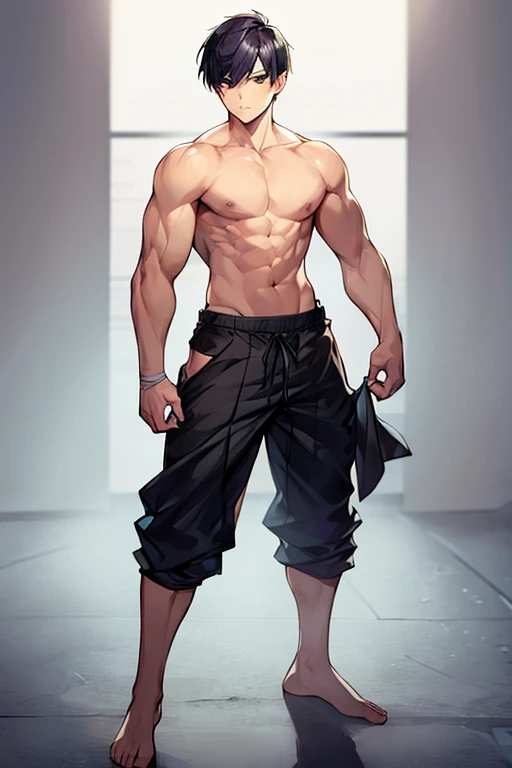 1boy, short hair, bandages, muscular full body, ((full body)), pants, fighting stance, head tilt, shirtless