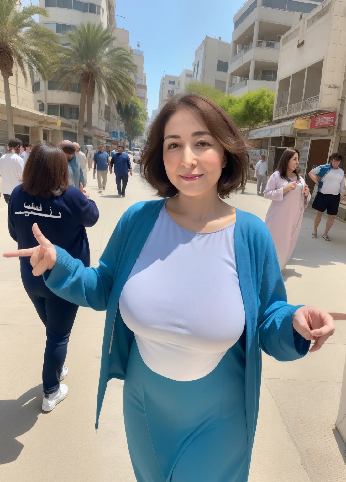 A mature attractive woman with big breasts and a big ass,شعر طويل, wearing تنورة قصيرة street clothes. The artwork should have the best quality, with ultra high resolution (1.2), and a realistic touch (1.37). The colors should be vivid and the lighting should be reminiscent of a portrait.