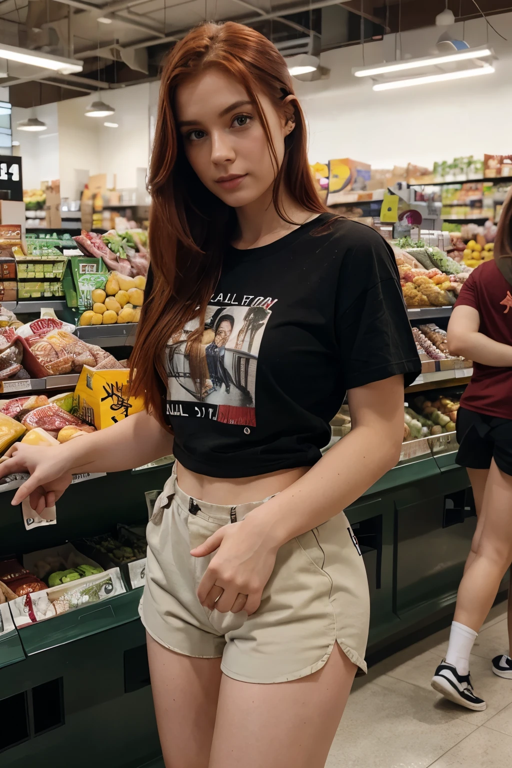 ((best quality)), ((detailed)),(masterpiece), ((cute perfect face, young 18 years old girl, skinny legs, skinny thighs, skinny waist:1.1)), ((red hair), green eyes, ponytail red hair), (freckles:0.9),Errands (e.g., grocery shopping, picking up dry cleaning), wear shorts, tshirt, slight smile