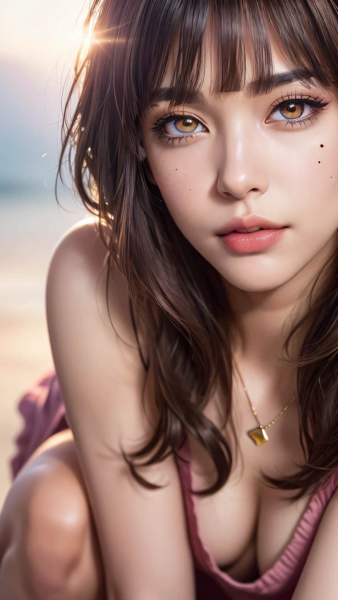 a close up of a person's  eyes with colorful spirals, a close up of a person's eyes Draw a picture, (photorealistic:1.4), (hyperrealistic:1.4), (realistic:1.3), (smoother ((tropical sunset)) lighting:1.05), (increase Fujicolor quality:0.9), (absurd: 1.3), (best quality), (ultra sharp), RAW photo of (phenomenal model, 24 years old), (ultra detailed, ultra realistic, hyper realistic, 8K, ultra highres:1.2), realistic lighting, backlighting, light on face, ray trace, (brightening light:1.2), (Increase quality:1.4), (best quality real texture skin:1.4), finely detailed eyes, finely detailed face, finely quality eyes, BREAK ((brown)) [sparkling eyes], [long eyelashes], Double eyelids, (looking at viewer), slim, well-muscled body, medium ass, very detailed hair, (( (light) short ((side bangs)), extremely detailed)), (Increase skin texture beauty:1.1), (light makeup, [pink lipstick], eyeliner:1.2), small diamond earrings, a gold pendant above her full breasts:1.2, velvety tanned skin, small mole, ((side shot)),((from the Knee Up)), Canon 135mm f/2.8, ((closeup eyes:1.4))