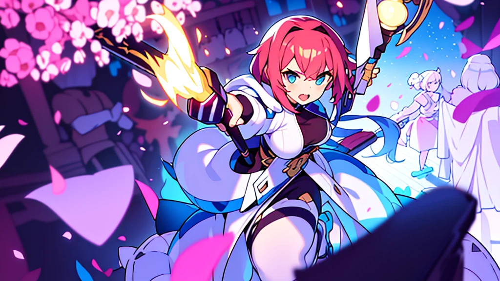 female , character focus, (((strong blurry background))), solo, holding staff, back light,