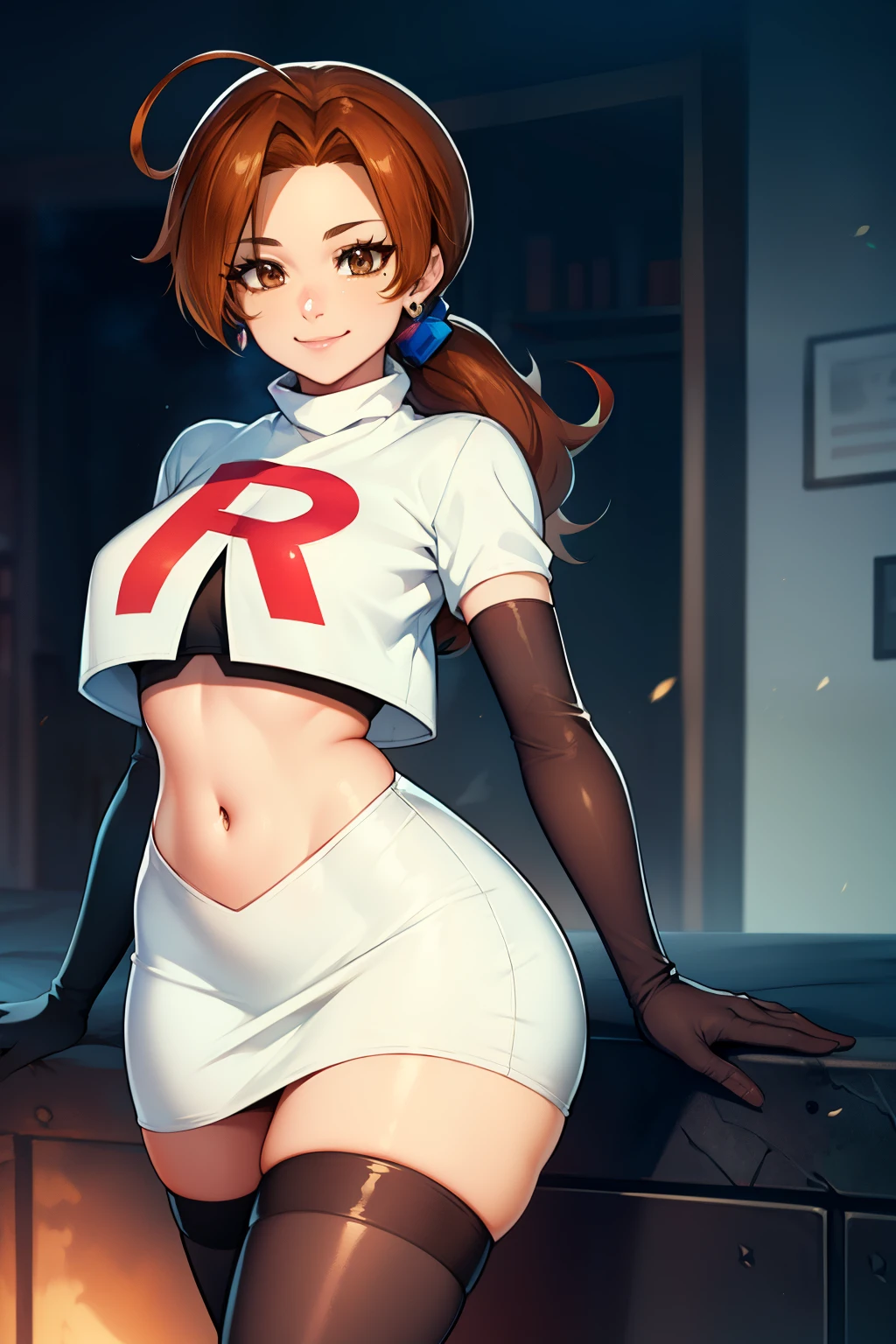 deliaketchum, brown hair, (brown eyes:1.7), parted bangs, (ahoge:1.5), ponytail, low ponytail,glossy lips, light makeup, eye shadow, earrings ,team rocket,team rocket uniform, red letter R, white skirt,white crop top,black thigh-high boots, black elbow gloves, evil smile look,