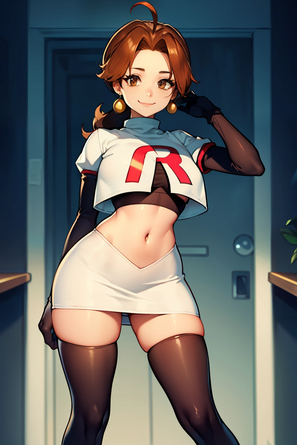 deliaketchum, brown hair, (brown eyes:1.7), parted bangs, (ahoge:1.5), ponytail, low ponytail,glossy lips, light makeup, eye shadow, earrings ,team rocket,team rocket uniform, red letter R, white skirt,white crop top,black thigh-high boots, black elbow gloves, evil smile look,