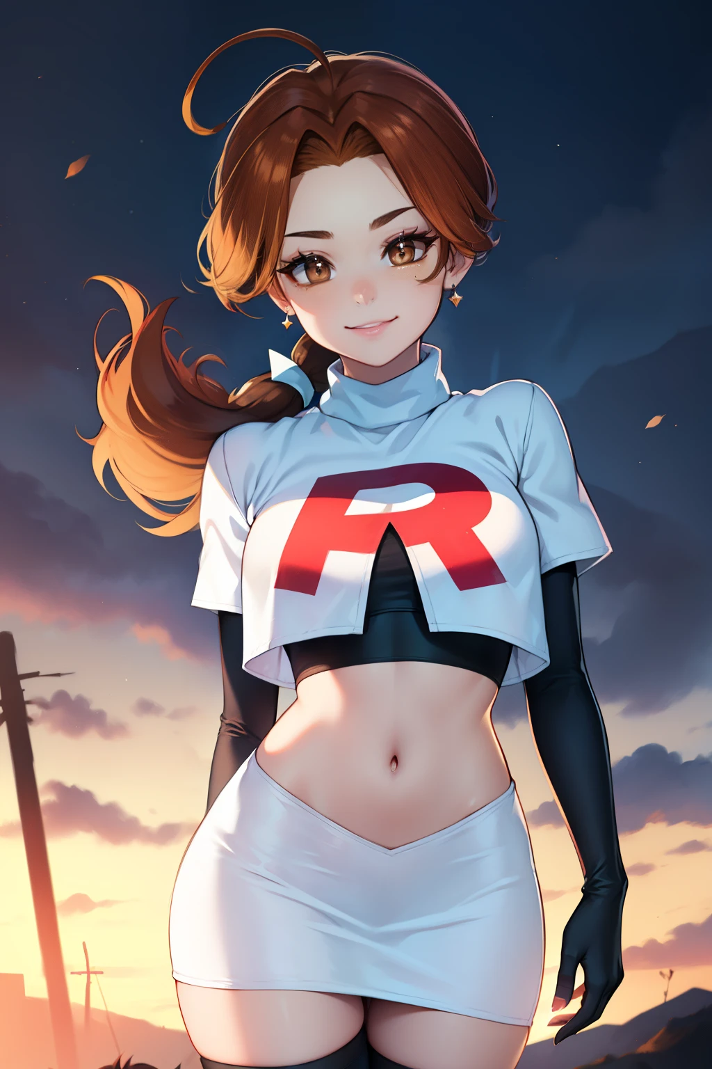 deliaketchum, brown hair, (brown eyes:1.7), parted bangs, (ahoge:1.5), ponytail, low ponytail,glossy lips, light makeup, eye shadow, earrings ,team rocket,team rocket uniform, red letter R, white skirt,white crop top,black thigh-high boots, black elbow gloves, evil smile look,