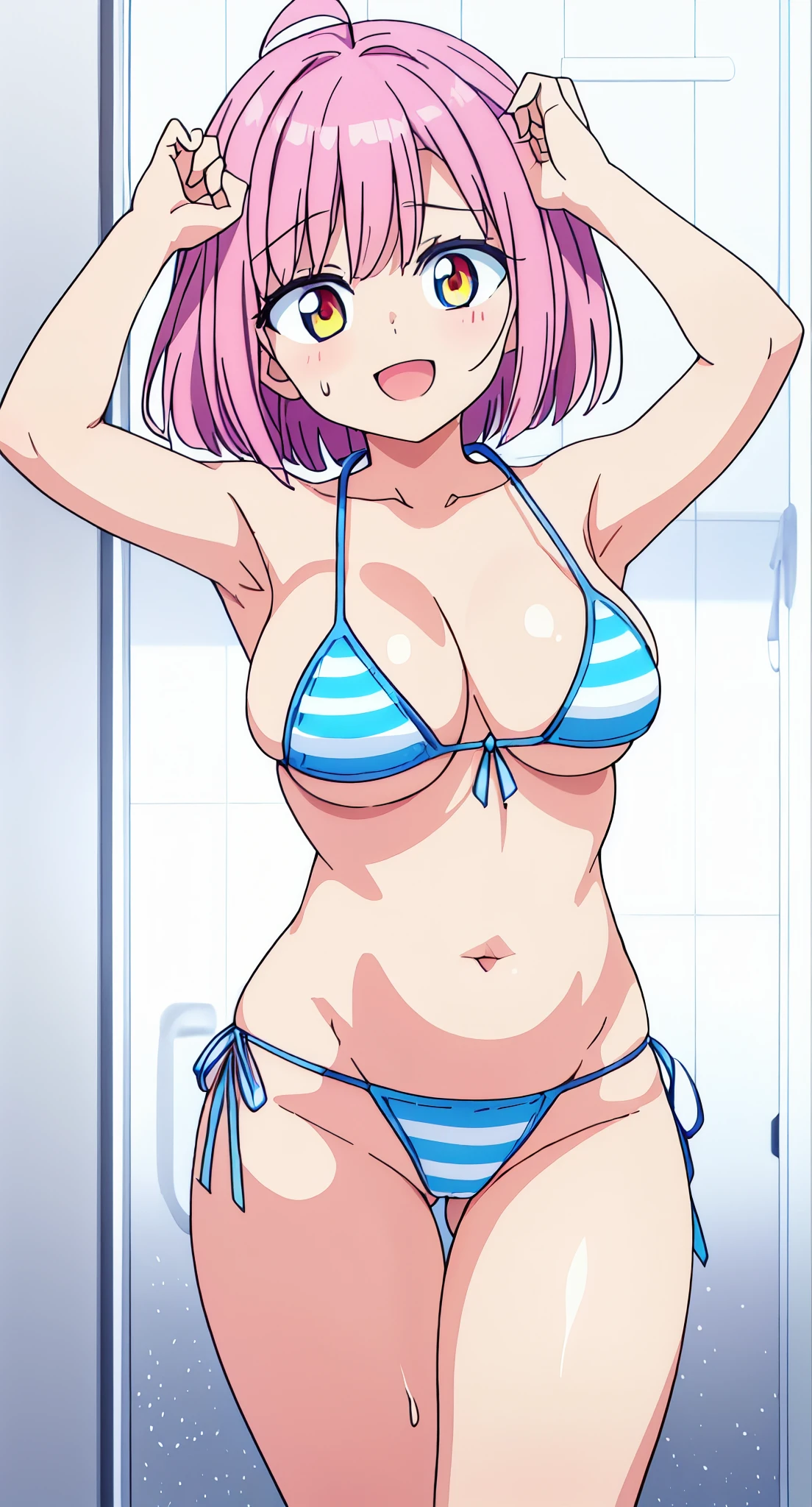 High quality、16 km race、anime screen capture、(((NSFW)))、(((Lori)))、(((smaller breasts)))、(obesity)、(thick thighs)、(Pink hair)、((Wavy Hair))、Ahoge、 (bob cut)、(dripping sweat)、((:d))、((swelling of nipples))、((Desperate))、((Light blue striped micro bikini))、pink scarf、white knee socks、((Orange eyes、Put y oh ur hanDs behinD y oh ur heaD))、(both armpits)、