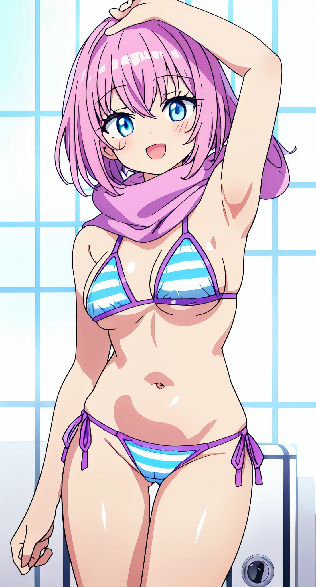 High quality、16 km race、anime screen capture、(((NSFW)))、(((Lori)))、(((smaller breasts)))、(obesity)、(thick thighs)、(Pink hair)、((Wavy Hair))、Ahoge、 (bob cut)、(dripping sweat)、((:d))、((swelling of nipples))、((Desperate))、((Light blue striped micro bikini))、pink scarf、white knee socks、((Orange eyes、Put y oh ur hanDs behinD y oh ur heaD))、(both armpits)、