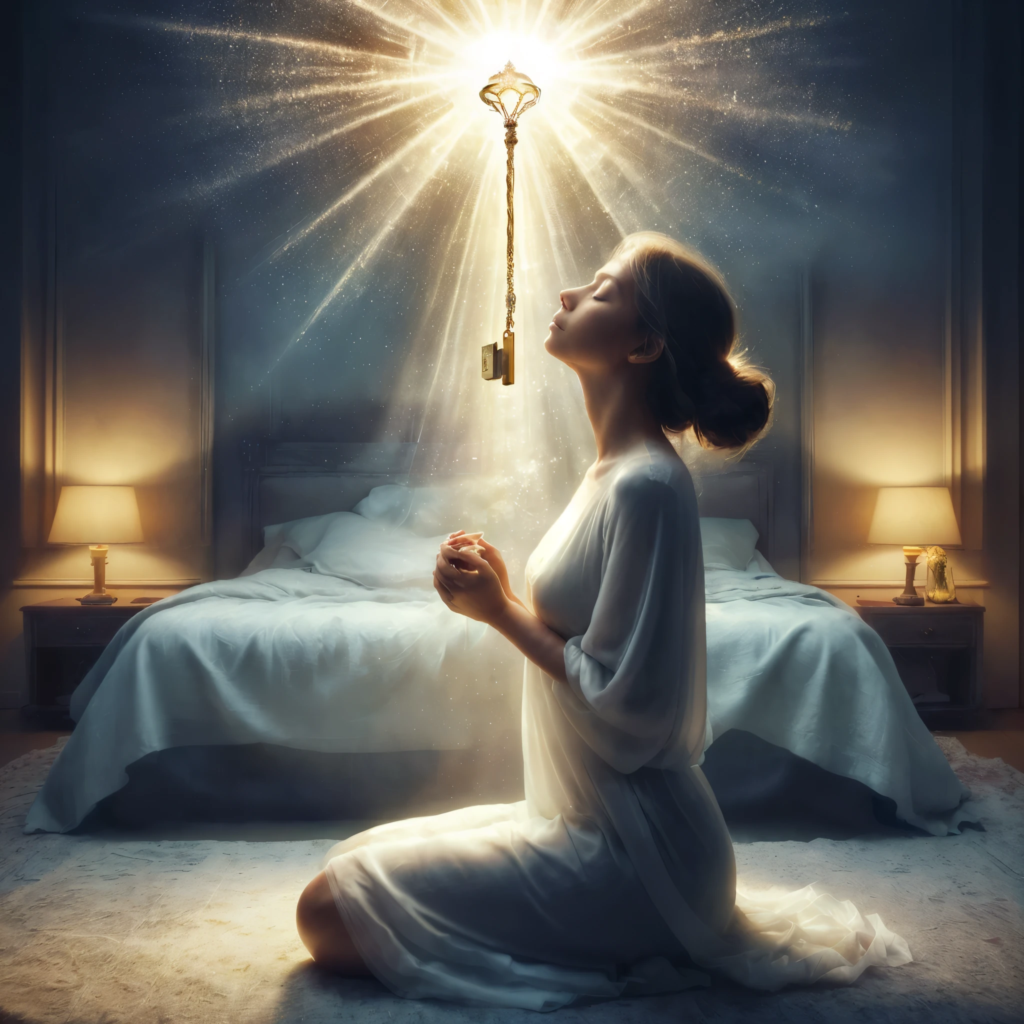 [1] Witness a profound moment of devotion as a woman kneels in prayer in the sanctuary of her bedroom, bathed in a celestial light emanating from the sky above her, with a padlock suspended in the center of the light.
[2] Capture the woman's serene expression, her eyes closed in deep concentration, as she turns to the divine presence, seeking solace, guidance and a connection to something greater than herself.
[3] Describe the room as a peaceful and intimate space, adorned with soft colors, delicate fabrics and personal mementos, creating an atmosphere of tranquility that enhances the woman's spiritual experience.
[4] Convey a sense of awe and wonder as heavenly light fills the room, casting ethereal rays that gently illuminate the woman's face and surroundings, evoking a feeling of divine presence and intervention.
[5] Choose a style of photography or painting that captures the ethereal and mystical nature of the scene, whether it's a dreamy, soft-focus photograph, impressionist brushstrokes or surrealist elements, evoking a sense of transcendence and spiritual connection.
[6] Execute your chosen style by using soft, diffused lighting techniques, incorporating delicate brushstrokes or digital manipulation to create an otherworldly feel and enhancing the contrast between the radiant light and the surrounding darkness.
[7] Avoid depicting the padlock as a symbol of confinement or restriction, but rather present it as a symbol of the world.