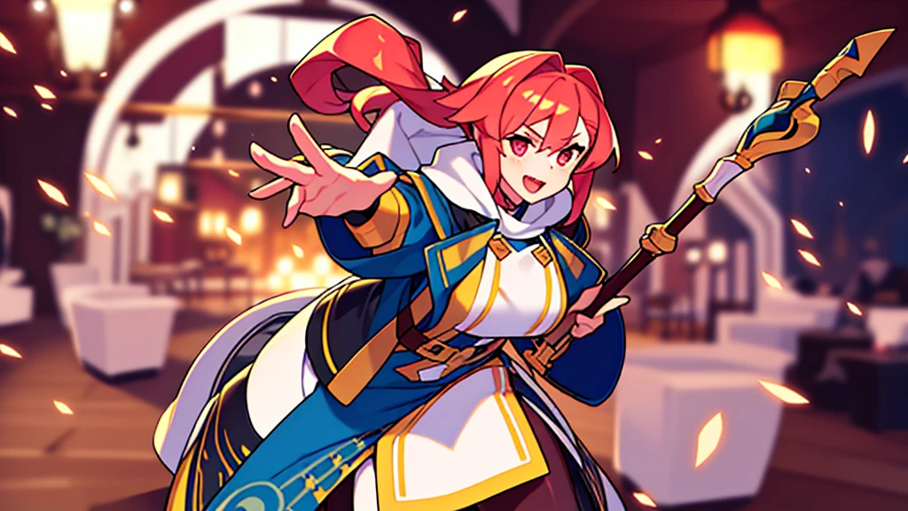 female , character focus, (((strong blurry background))), solo, holding staff,