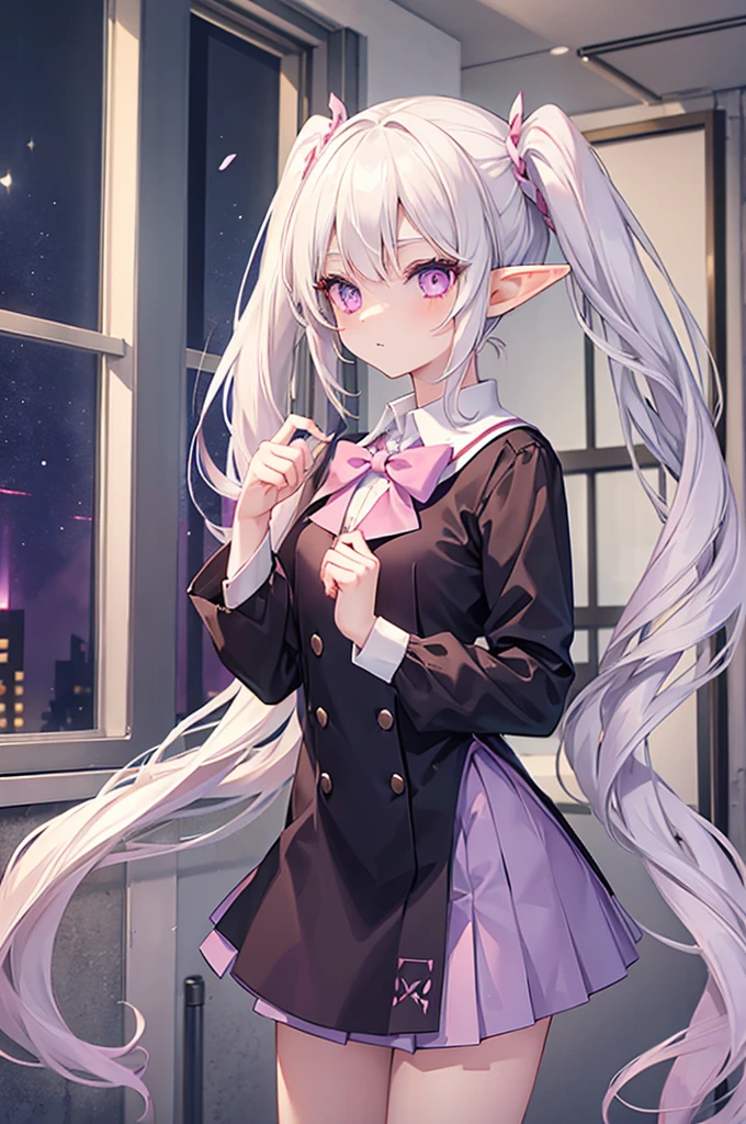 1 female, elf, with long white hair in pigtails, long pointed elf, pale, slender, wearing a pink anima schoolgirl outfit, purple eyes, in a school classroom, holding a skirt