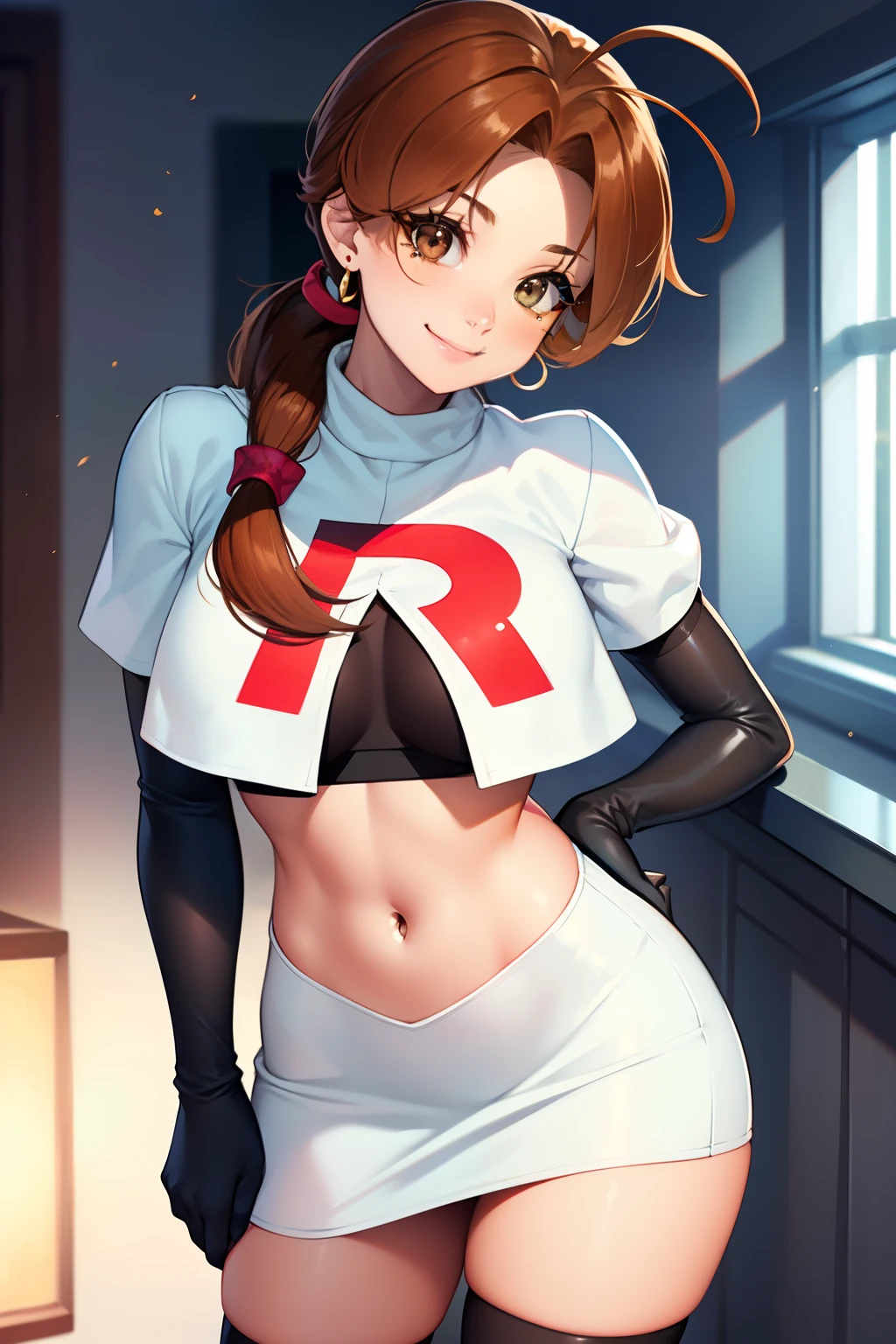 deliaketchum, brown hair, (brown eyes:1.7), parted bangs, (ahoge:1.5), ponytail, low ponytail,glossy lips, light makeup, eye shadow, earrings ,team rocket,team rocket uniform, red letter R, white skirt,white crop top,black thigh-high boots, black elbow gloves, evil smile look,