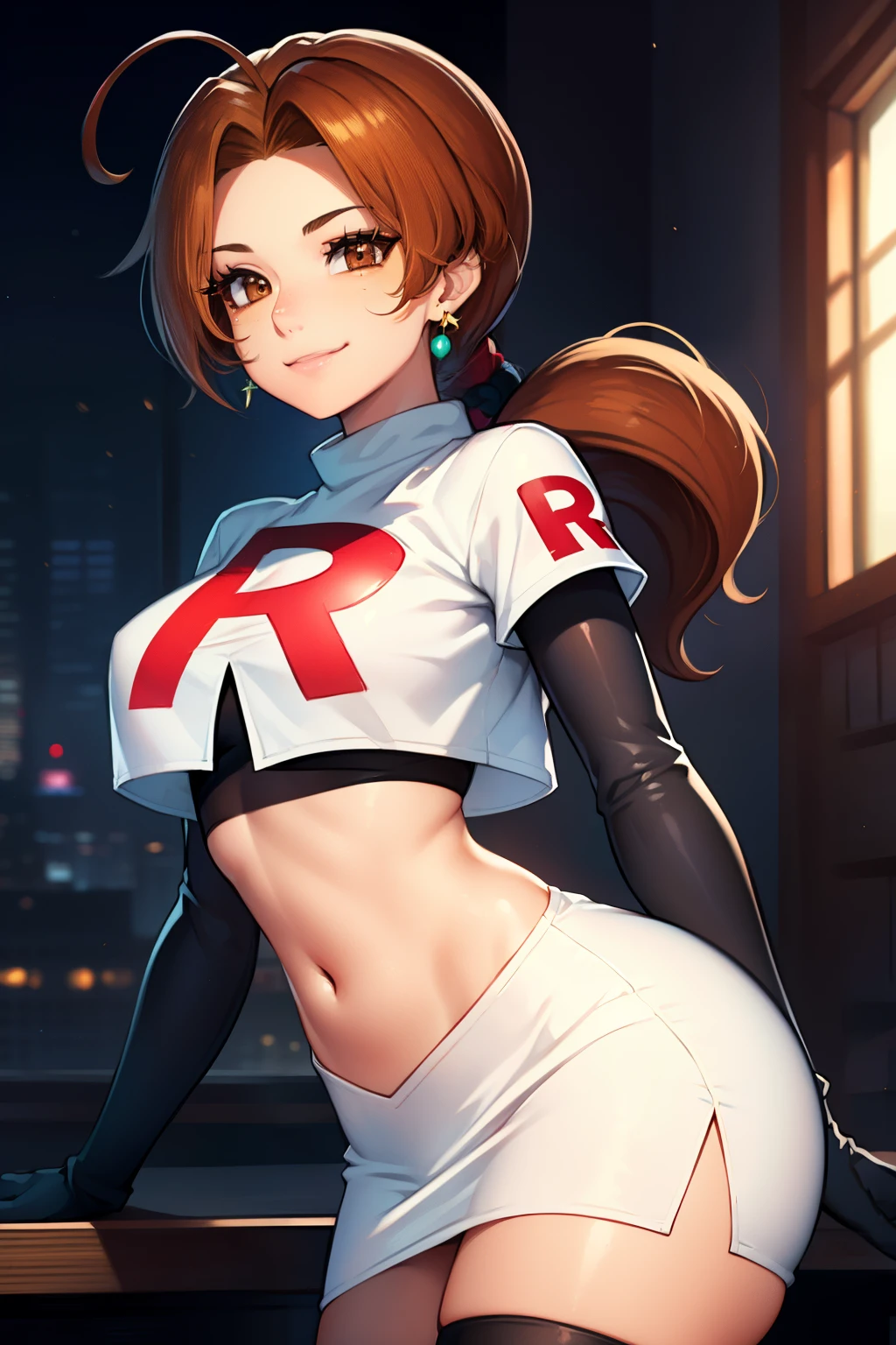 deliaketchum, brown hair, (brown eyes:1.7), parted bangs, (ahoge:1.5), ponytail, low ponytail,glossy lips, light makeup, eye shadow, earrings ,team rocket,team rocket uniform, red letter R, white skirt,white crop top,black thigh-high boots, black elbow gloves, evil smile look,