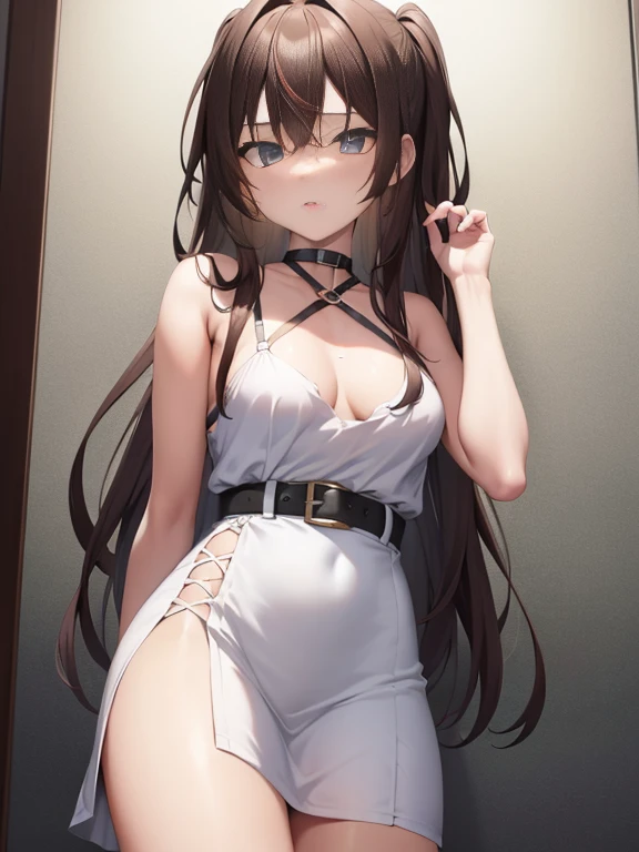 ((masterpiece)), ((best quality)), (ultra-detailed), NSFW, ((torture chamber)),a cute girl, 1girl, solo, (white mini tanktop dress),(chain bound arms), (both hands are bound and is hung from the ceiling),bdsm,shibari,restrained,((thin waist)),(((single narrow belt bound waist))),beautiful brown hair, beautiful blue eyes, (beautiful eyes), long hair,troubled expression