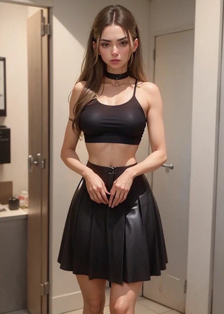 There is a woman standing in a room wearing a black top and skirt., she is about 20 years old, she is about 20 years old, lorena avarez, she is about 2 5 years old, powder Nándor Katona, she is about 30 years old, she is about 3 0 years old, 19 year old girl