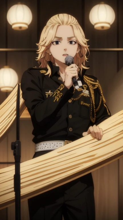 Mikey, 1boy, male focus, blonde hair, medium hair, black eyes, rapper, rap, microphone, headphone, music, fully black  blouse, white shirt bellow the black blouse, singing, thick golden necklaces