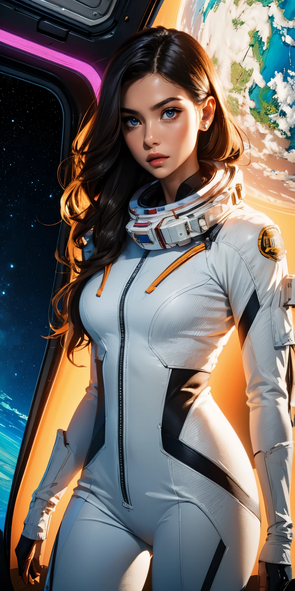 Stunning female in space suit, sci-fi, extremely beautiful piercing eyes, cinematic scene, hero view, action pose, scenery, detailed background, masterpiece, best quality, high quality, intricate, absurdres, very detailed, extremely high resolution, 8k, vivid, colorful, Studio Ghibli xl:1.5>