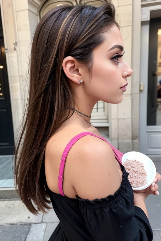 Belle fille, Marron_eyeeautiful mince adolescente de 18 ans, cheveux color [Brown highlights cheveux], [Pixie undercut] cheveux)), boucles d’oreilles, lèvres, Réaliste, taille étroite, charmant, pink lèvrestick, maquillage coloré, Cils longs, boucles d’oreilles, porter de l’eye-liner, peau claire, (mignon), (face détaillée), Yeux détaillés, Iris détaillé, corp magnifique, à Paris, Portez des vêtements élégants, Elle tenait un sac à main à la main