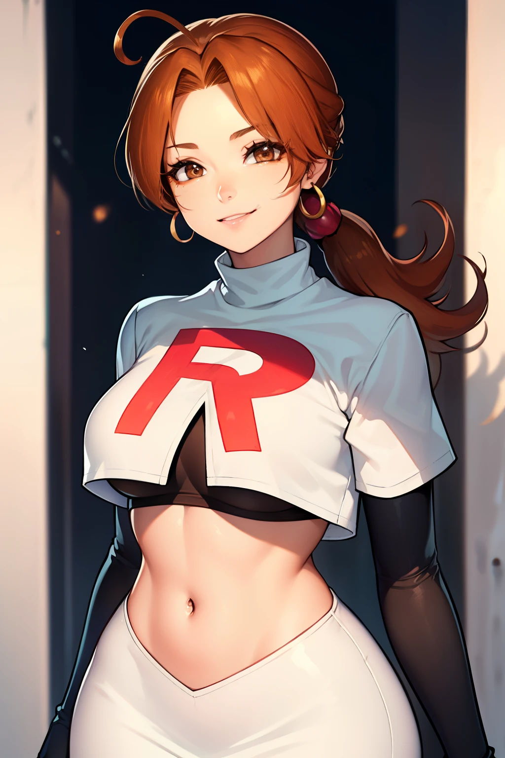 deliaketchum, brown hair, (brown eyes:1.7), parted bangs, (ahoge:1.5), ponytail, low ponytail,glossy lips, light makeup, eye shadow, earrings ,team rocket,team rocket uniform, red letter R, white skirt,white crop top,black thigh-high boots, black elbow gloves, evil smile look,