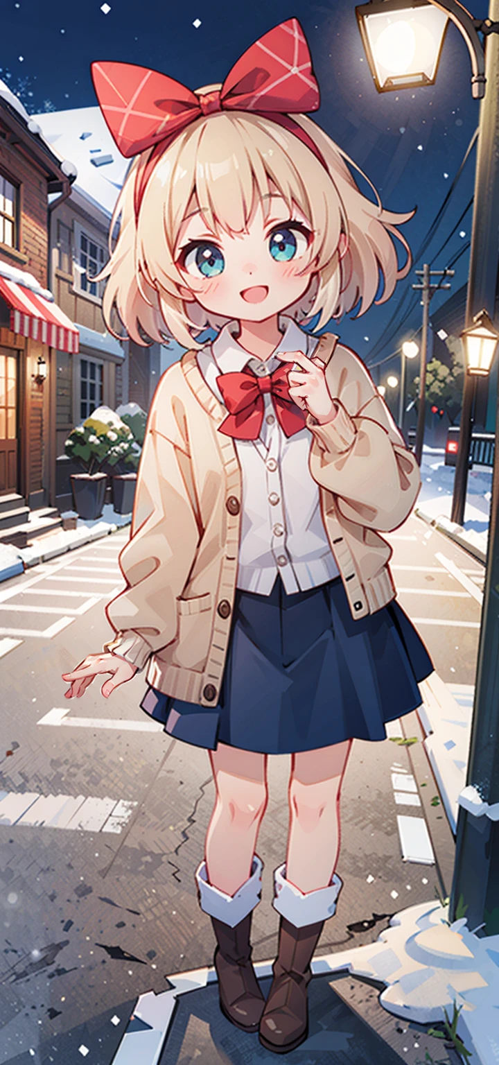 (masterpiece:1.2), best quality, highres, original, (extremely detailed:1.2), ultra-detailed, wallpaper, perfect lighting,(extremely detailed CG:1.2), 8k, anime illustration, 1girl, solo, smiling, (winter outfit:1.2), standing on the street, (knit cardigan:1.1), (bowknot on cardigan:1.25), knee-length skirt, (Ruffled hemline:1.3), winter boots, {delicate|detailed}clothes, (anatomically correct:1.34), close-up, full-body, looking at viewer, frontal, snowy street, (streetlight:1.17), city background, night, unity 4k