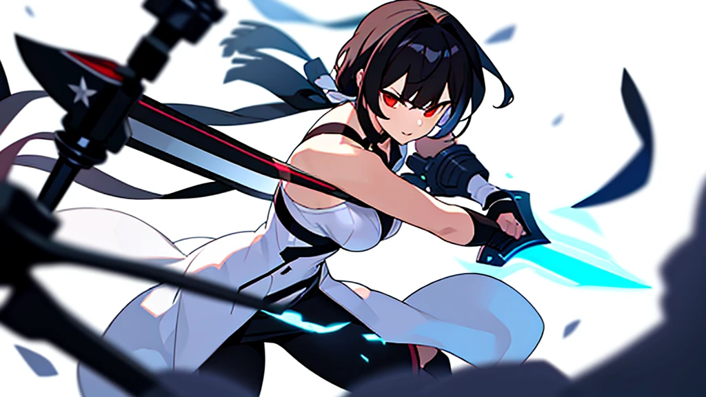 female , character focus, (((strong blurry background))), ((white background)), solo, holding sword,