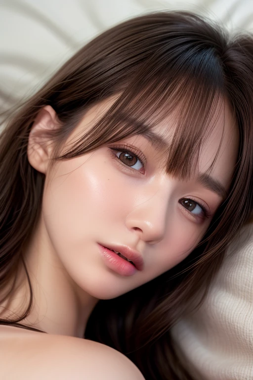 best quality, masterpiece, (realistic:1.2), 1 girl, full body, brown hair, brown eyes, Front, detailed face, beautiful eyes, nude, not wearing any suits, sleeping on bedroom,