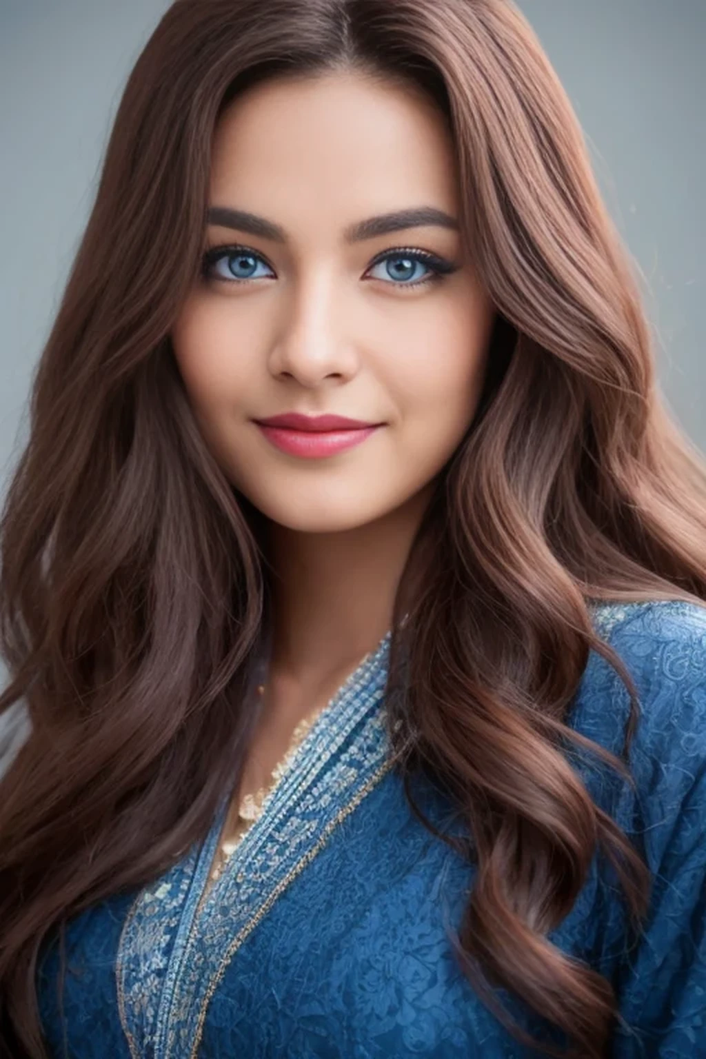 Portrait of A confident-looking indian woman with long flowing hair, (blue eyes: 1.5), with flowing capes, wavyhair, high cheek bones, plump juicy lips, perfect composition, no jewelry, hyperrealistic, super detailed, 8k, high quality, trending art, trending on artstation, sharp focus, studio photo, intricate details, highly detailed, mugshot, facing camera, looking into lens, focussing on lens, smiling, closed lips, beautiful smile