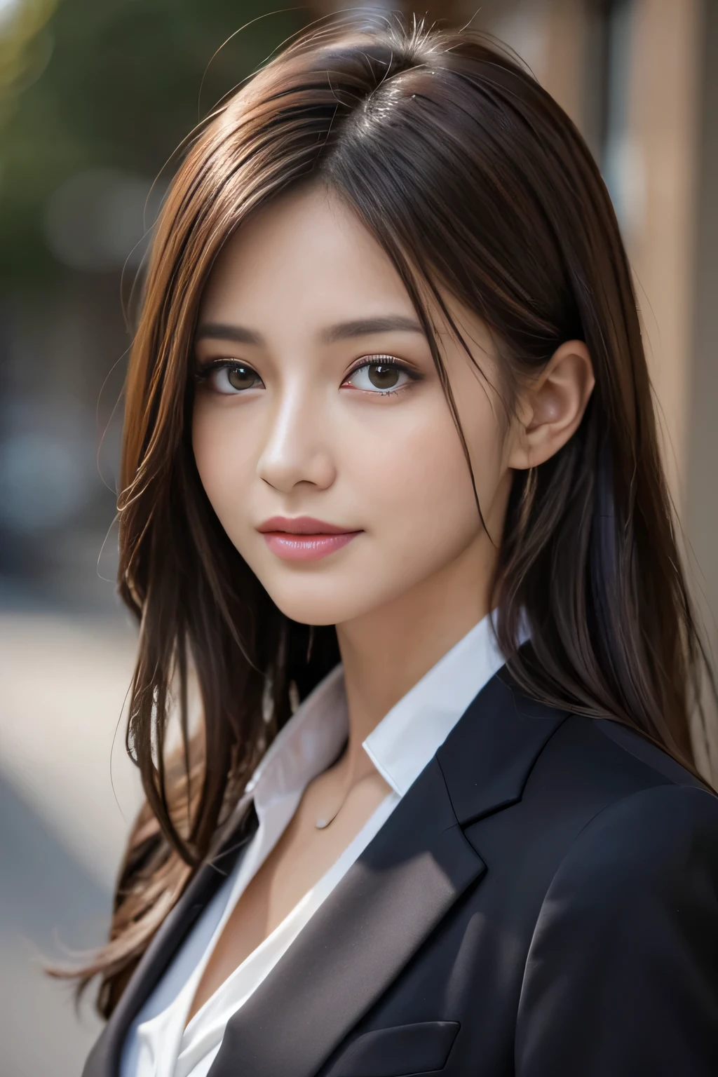 step piece, highest quality, realistic, Super detailed, finely, High resolution, 8K Dende Wallpaper, 1 beautiful woman,, light brown messy hair, wearing a business suit, sharp focus, perfect dynamic composition, beautiful and detailed eyes, fine hair, Detailed realistic skin texture, smile, close-up portrait, model body shape