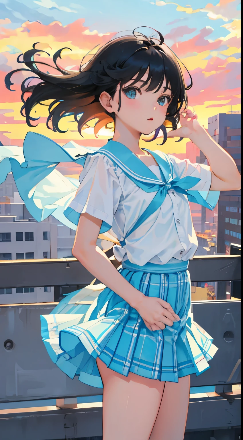The wind is blowing,(),(masterpiece,Top quality),Turquoise pleated miniskirt with white plaid pattern,short sleeve,black hair,Summer Classroom