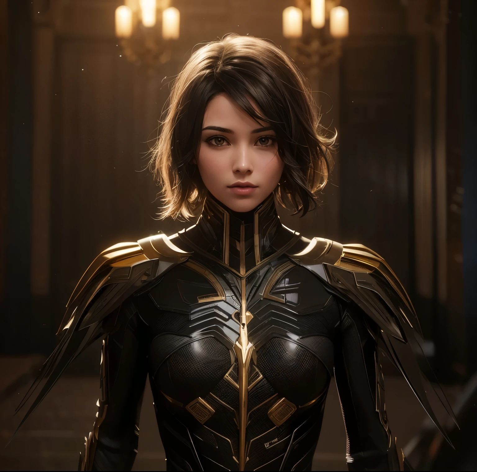 Superhero girl with short black hair (((golden hair highlights::1))) in sci-fi suit steel tatical armor