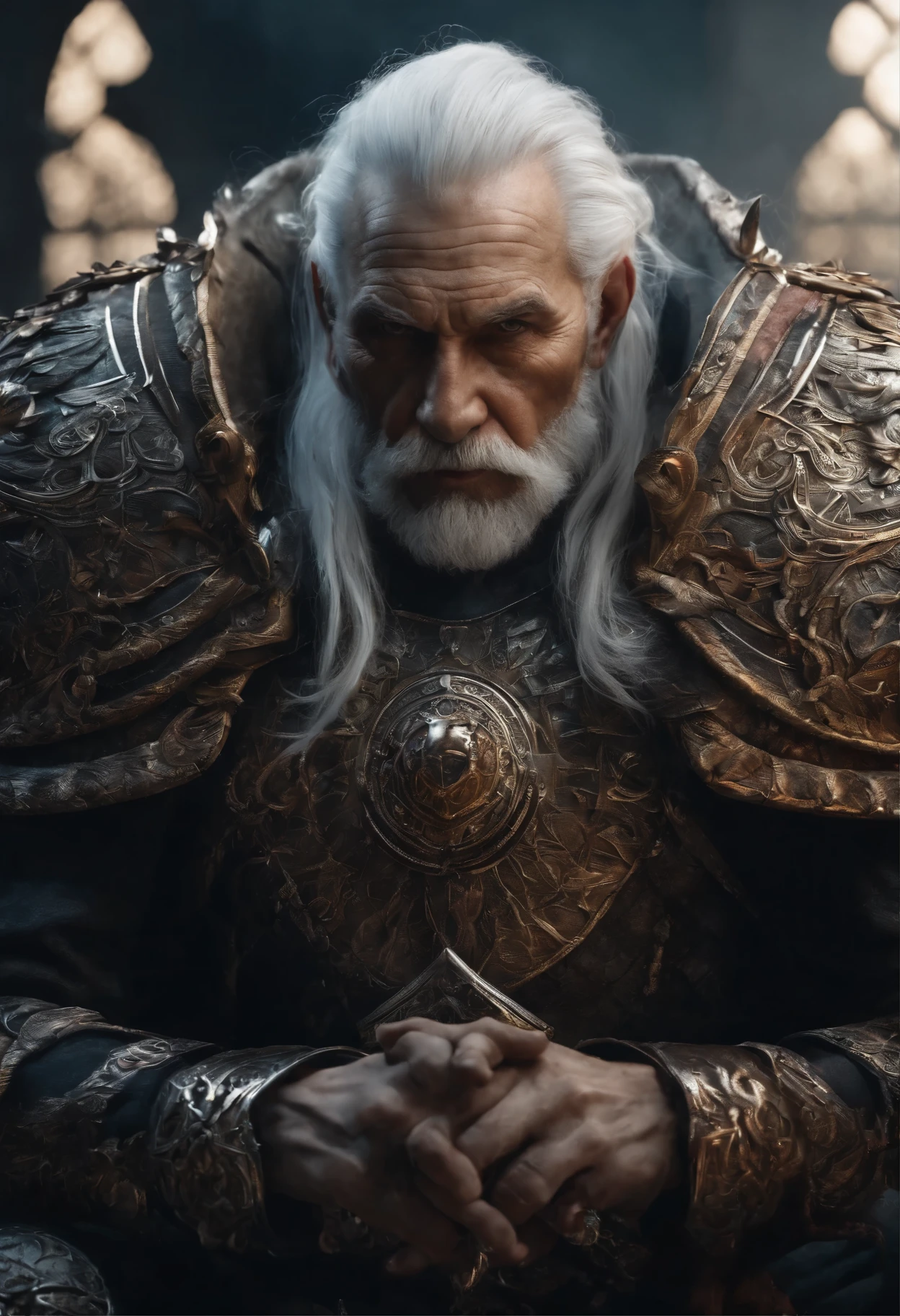 (extremely detailed 8k wallpaper), a medium photo of an old man warrior with white hair from the necromancer Gerrary, intricate, with many details, dramatic