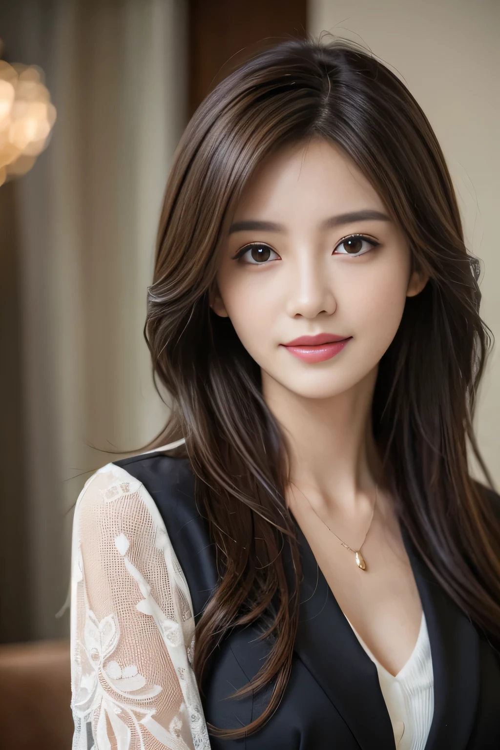 on the table, highest quality, realistic, Super detailed, down to the last detail, High resolution, 4k wallpaper, 1 beautiful woman,, light brown messy hair, wore a suit, fix sharp focus, perfect dynamic composition, beautiful and delicate eyes, delicate hair, 细致realistic的皮肤纹理, smile, close-up portrait, model body shape