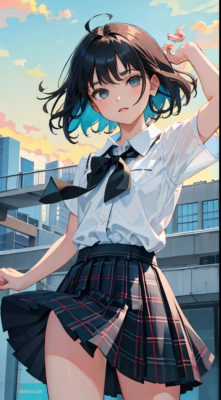 The wind is blowing,(),(masterpiece,Top quality),Turquoise pleated miniskirt with black plaid pattern,short sleeve,black hair,Summer Classroom
