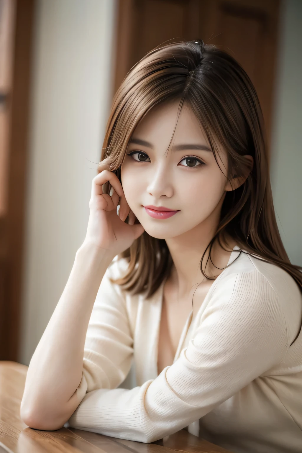 On the table, best quality, Practical, Ultra Detailed, Finely, high resolution, 8k wallpaper, 1 beautiful woman,, Light brown messy hair, Wearing a suit, Clear focus, Perfect dynamic composition, Beautiful and delicate eyes, Thinning hair, Detailed Practical skin texture, Smile, Close-up portrait, Model figure