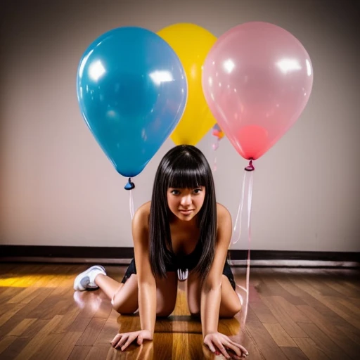 beautiful girl 20 years in dancefloor full of pretty and big balloons. she loves popping latex balloons. many big balloons are popped in the floor . some big balloons are helium. Balloon popping party. Pop them all