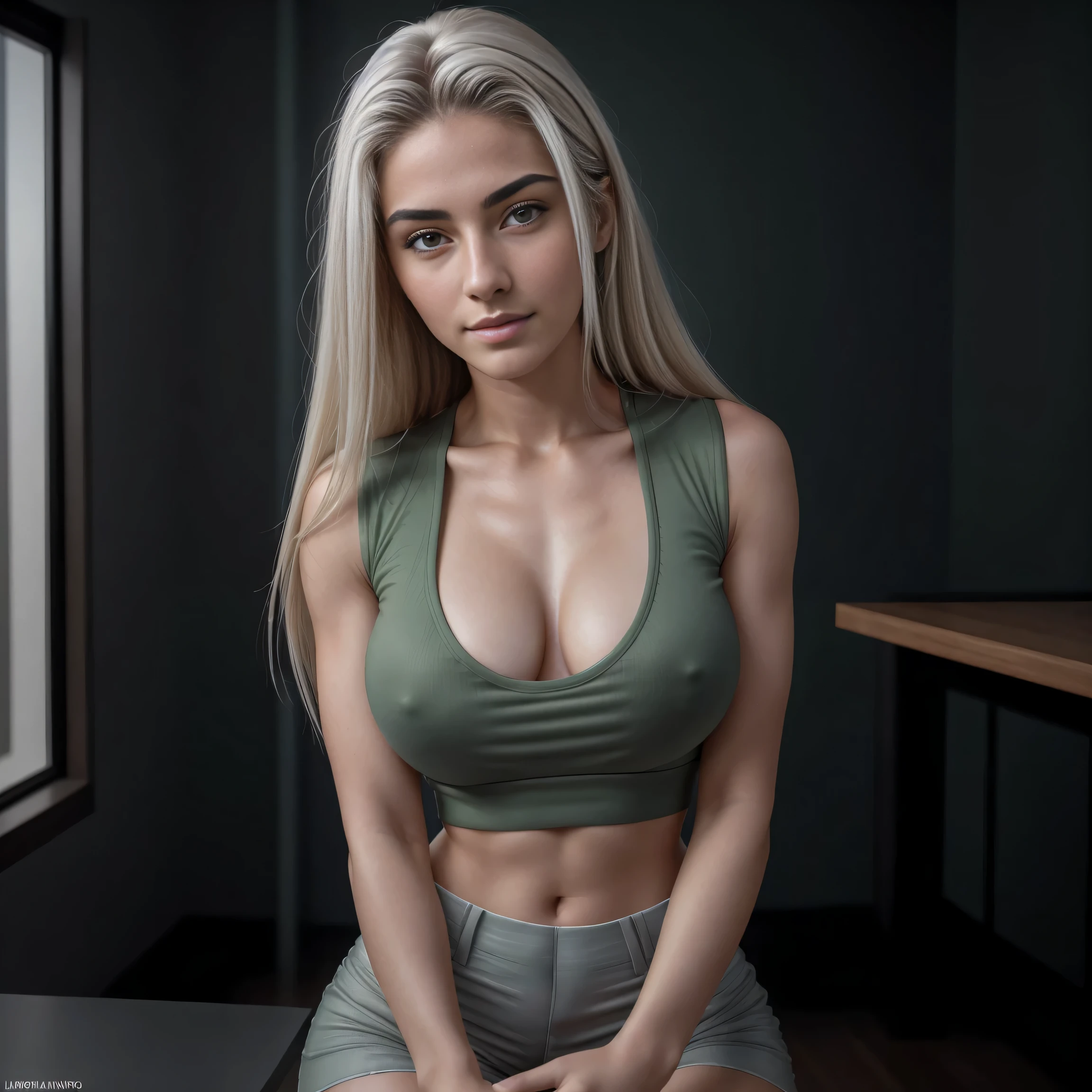 8K de alta qualidade, Laura Pavinato, 18 anos de idade, sobrancelha mais clara, peito grande e detalhado, peito grande, cabelo branco detalhado, Sombras muito detalhadas, textura da pele, detailed textura da pele, detailed face features, bunda brasileira ( feature ), realistic textura da pele, Sorriso leve, foto do instagram, forma detalhada do corpo, Cabelo longo, cinematic lighting, canon, cinematic lighting, hiperrealismo, obra de arte, anatomicamente correto, super detalhe, Pele texturizada, Ultra HD, natural lightning, corpo coberto, design por artgerm, the setting is modern, traje casual, vestindo camiseta verde, grey shorts, expensive watch, comendo