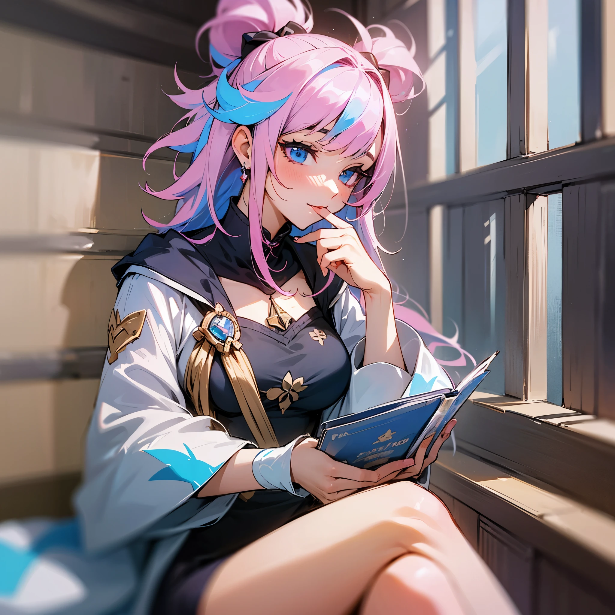 happy Furina genshin impact, reading comics and smoking. Chilling 4k. Realistic 4k, beautiful. Pink hair --auto --s2