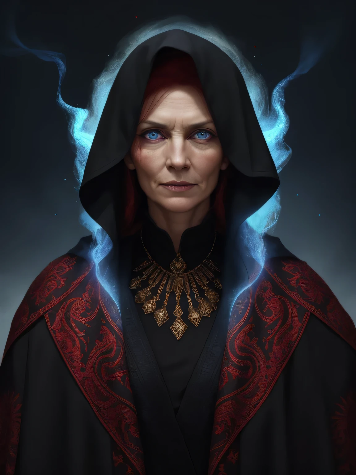 женщина fire mage, Middle Aged Woman, (35-40 per species), very strict and cold in appearance, fire mage, dark detailed background, flames around the woman, cold blue eyes, ((high detail)), ((masterpiece)), ((Highest quality)), portrait, facing the viewer, ((realistic light)), the clothes are a black robe, complex drapery of fabric, looks directly at the viewer