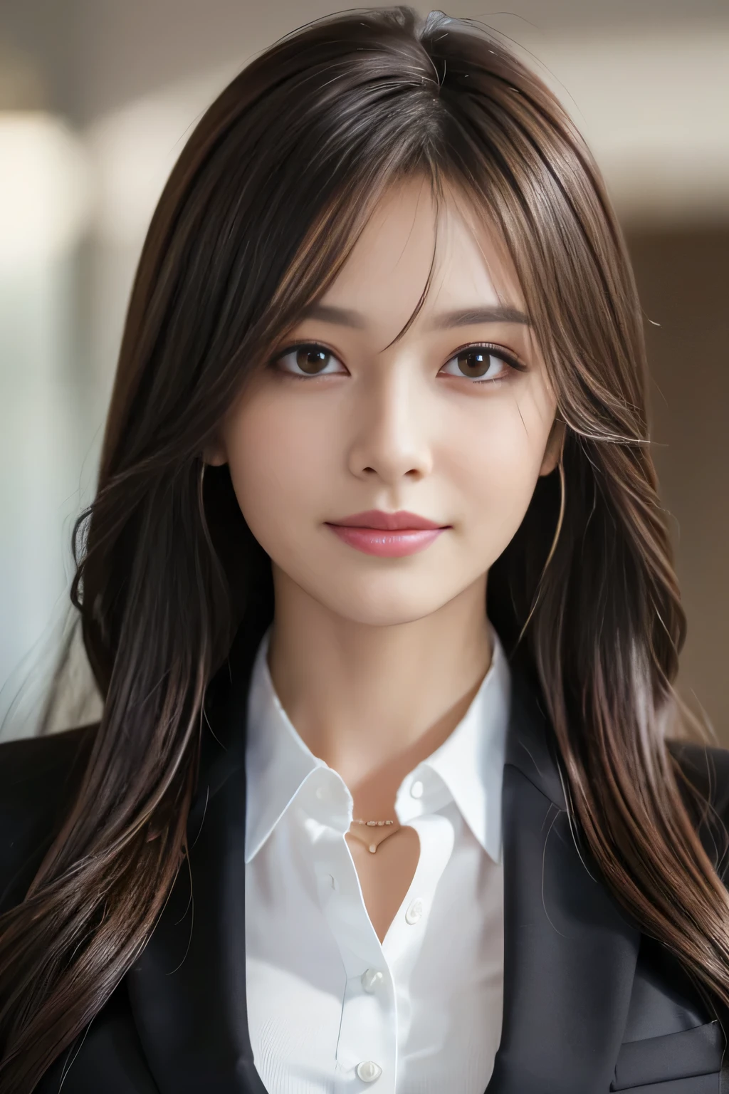 step piece, highest quality, realistic, Super detailed, finely, High resolution, 8K Dende Wallpaper, 1 beautiful woman,, light brown messy hair, wearing a business suit, sharp focus, perfect dynamic composition, beautiful and detailed eyes, fine hair, Detailed realistic skin texture, smile, close-up portrait, model body shape