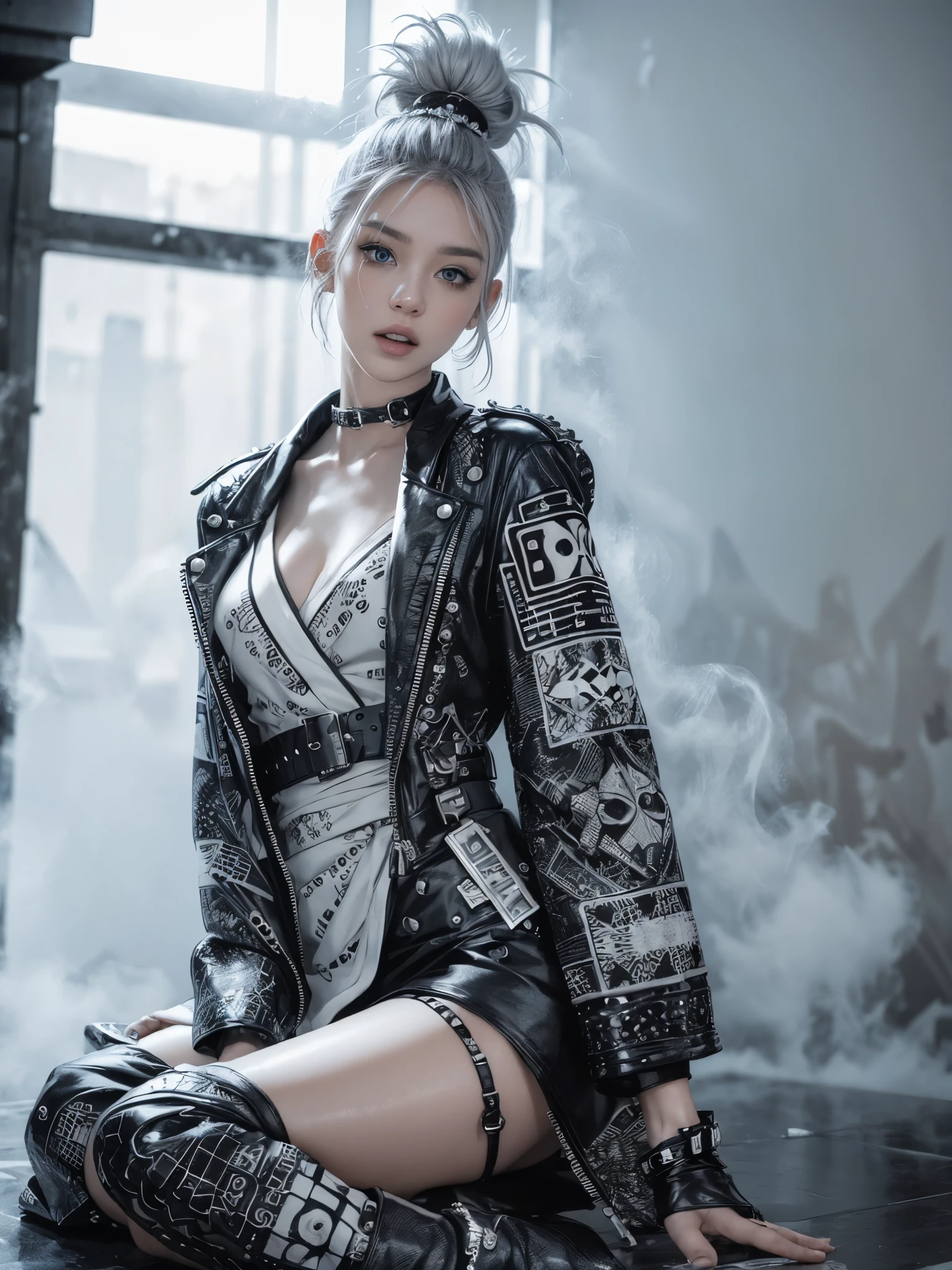  (Realistic:1.3), (official art), (gorgeous, elegant, luxury), (beautiful still life painting art), ultra detailed, beautiful, masterpiece, best quality, 
_
BREAK (1girl:1.2), 22 years old, 160 cm, Japanese cute model, Tightened all body, medium Breasts, small head, small face, diamond Face, small nose, Sharp Faceline, young hands and fingers, beautiful hands and fingers, five fingers, 
_
BREAK (Glossy Lips:1.3), (Light color lips, Half open mouth, beautiful Teeth:1.2), (dropy eyes, Double eyelid, Blue eyes:1.), 
_
BREAK (punk hairstyle:1.3),(a lot accessories:1.3), (gray hair:1.3), 
_
 BREAK (White and black theme:1.3), (futuristic white background), (blurry background, Fog, mist:1.7),
_
BREAK (wide angle:1.7), random pose,
_
BREAK（White and black theme:1.4), (Geometric pattern print:1.4),(fusion of traditional High collar  kimono and punk elements:1.4), (black leather jacket with white silk kimono:1.2), (silver studded details on kimono:1.2), (punk-inspired accessories, black Leather thigh belt:1.4),
_ BREAK
 (punk-style boots:1.2),
_ BREAK
(Cityscape background:1.2), (White and black graffiti-covered walls:1.4),
_ BREAK
(Confident sitting pose:1.2), 