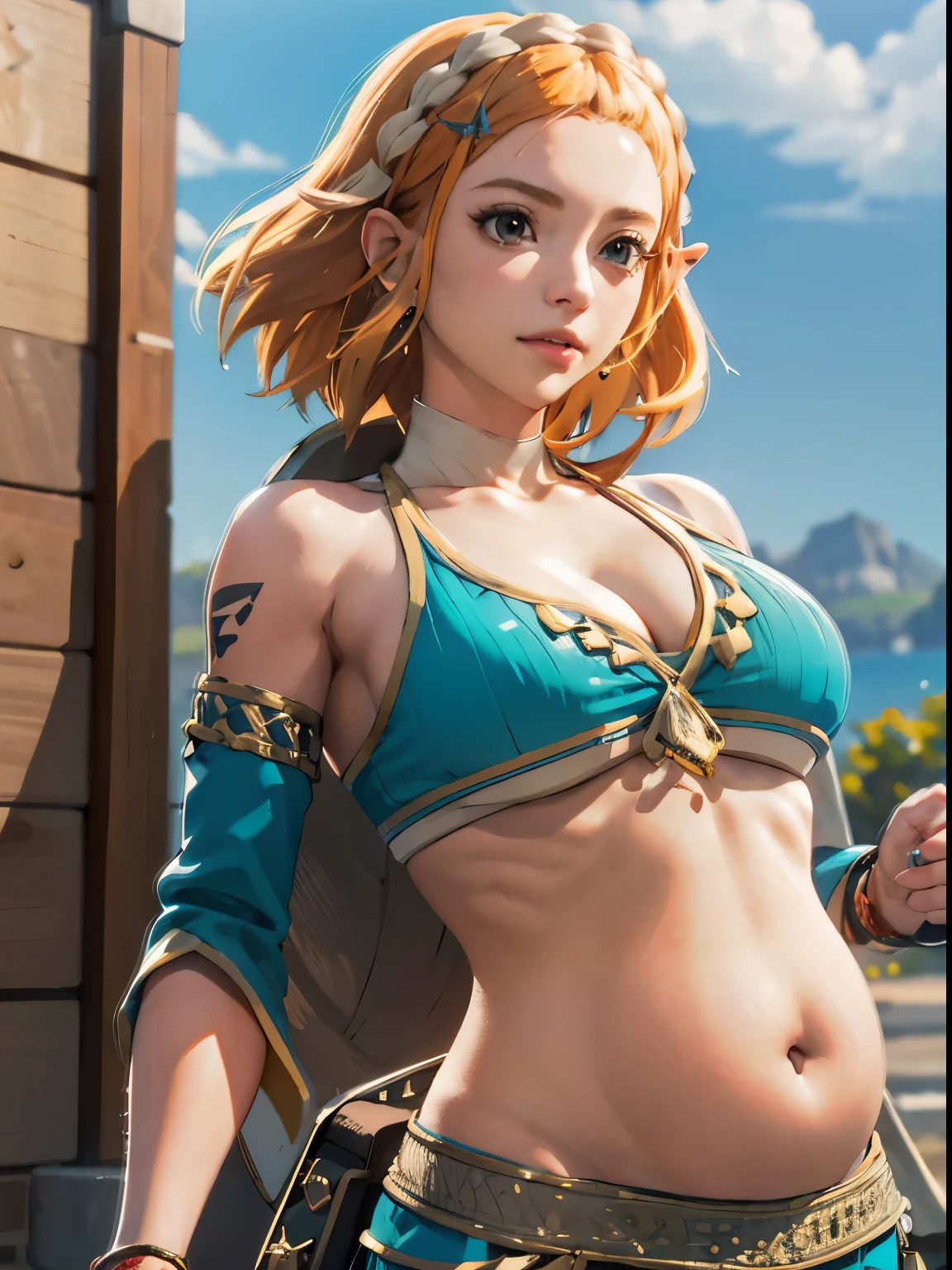 masterpiece,best quality,zelda\(princess\), 1girl, solo, large breasts,short_hair, cleavage, bare arms, sleeveless, big smile, happy, joyful, young girl, young , 20 year old, chubby, tied bikini, big pregnant belly, big navel