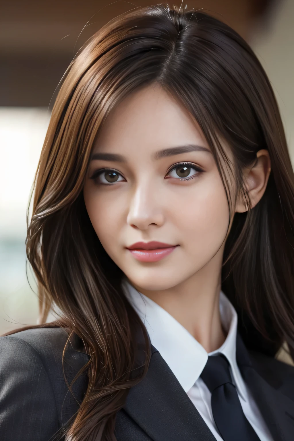 step piece, highest quality, realistic, Super detailed, finely, High resolution, 8K Dende Wallpaper, 1 beautiful woman,, light brown messy hair, wearing a business suit, sharp focus, perfect dynamic composition, beautiful and detailed eyes, fine hair, Detailed realistic skin texture, smile, close-up portrait, model body shape