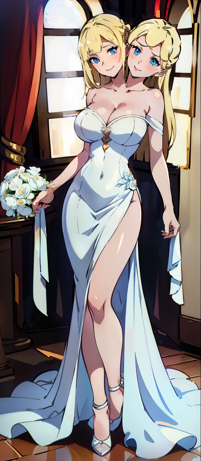 best quality, (masterpiece),(ultra-detailed), (high quality), (high resolution), (2heads:1.5) blonde hair, black hair color, (larger breasts), (blue eyes ), cleavage, full body,best quality:1.5, highres, UHD, 4K), smiling, wedding dress, wedding girl, beautiful eyes, different emotions, blonde hair, wedding gown, flowers ((full body)), (mature woman), casual dress, sexy proportions, thighs, Beautiful girl with accentuated slender abs