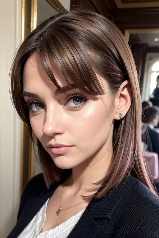 Belle fille, Marron_eyeeautiful mince adolescente de 18 ans, cheveux color [Brown highlights cheveux], [Pixie undercut] cheveux)), boucles d’oreilles, lèvres, Réaliste, taille étroite, charmant, pink lèvrestick, maquillage coloré, Cils longs, boucles d’oreilles, porter de l’eye-liner, peau claire, (mignon), (face détaillée), Yeux détaillés, Iris détaillé, corp magnifique, à Paris, Portez des vêtements élégants, jupe noir , chaussure fashion