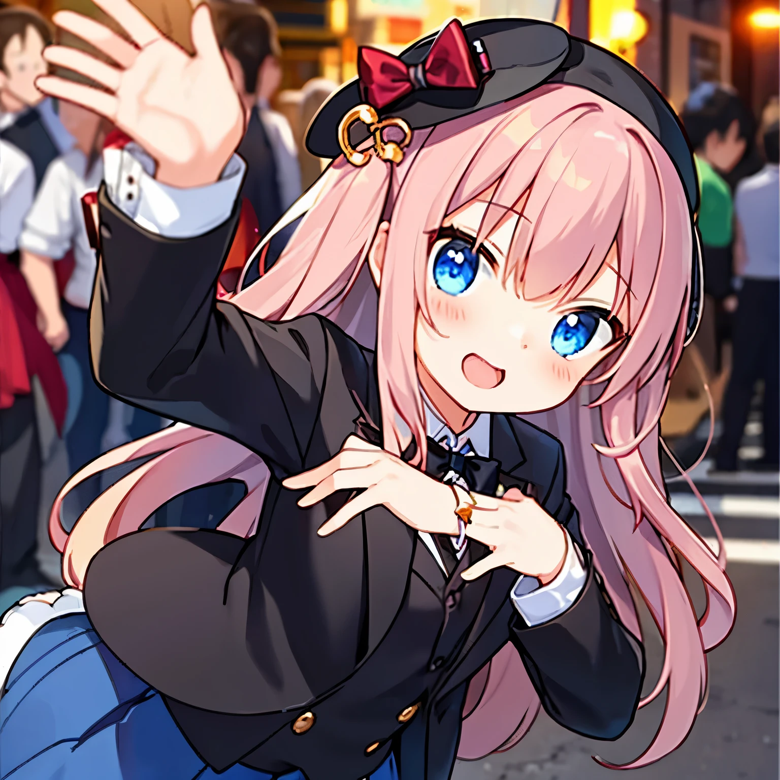 Girl doing magic on the street、Tuxedo、silk hat、Stronger blur
