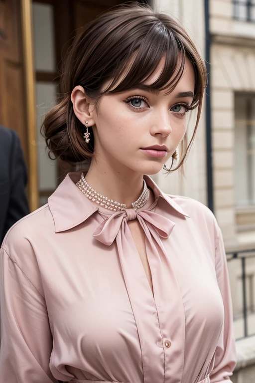 Belle fille, Marron_eyeeautiful mince adolescente de 18 ans, cheveux color [Brown highlights cheveux], [Pixie undercut] cheveux)), boucles d’oreilles, lèvres, Réaliste, taille étroite, charmant, pink lèvrestick, maquillage coloré, Cils longs, boucles d’oreilles, porter de l’eye-liner, peau claire, (mignon), (face détaillée), Yeux détaillés, Iris détaillé, corp magnifique, à Paris, Portez des vêtements élégants, Elle tenait un sac à main à la main