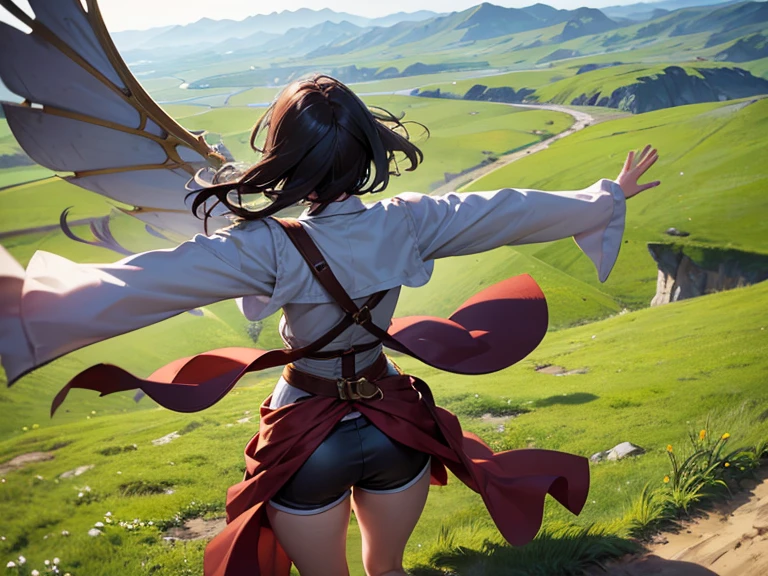 from below, back focus, standing, joyful girl, adventurer, shorts, open arms, looking a landscape from above, wind blows, medieval fantasy outfit