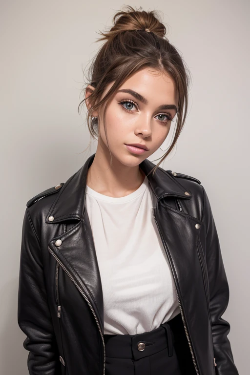 Belle fille, Marron_eyeeautiful mince adolescente de 18 ans, cheveux color [Brown highlights cheveux], [Pixie undercut] cheveux)), boucles d’oreilles, lèvres, Réaliste, taille étroite, charmant, pink lèvrestick, maquillage coloré, Cils longs, boucles d’oreilles, porter de l’eye-liner, peau claire, (mignon), (face détaillée), Yeux détaillés, Iris détaillé, corp magnifique, corps athlétique, abdominaux prononcés sur l&#39, pantalon moulan, veste cuir , sac LV