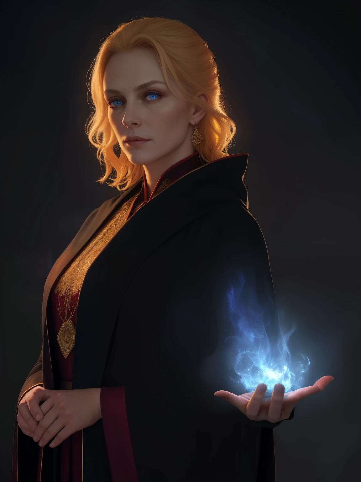 женщина fire mage, Middle Aged Woman, (35-40 per species), blonde hair, very strict and cold in appearance, fire mage, Dark room on the background, вокруг женщины Flames, cold blue eyes, ((high detail)), ((masterpiece)), ((Highest quality)), portrait, facing the viewer, ((realistic light)), the clothes are a black robe, complex drapery of fabric, looks directly at the viewer, Flames

